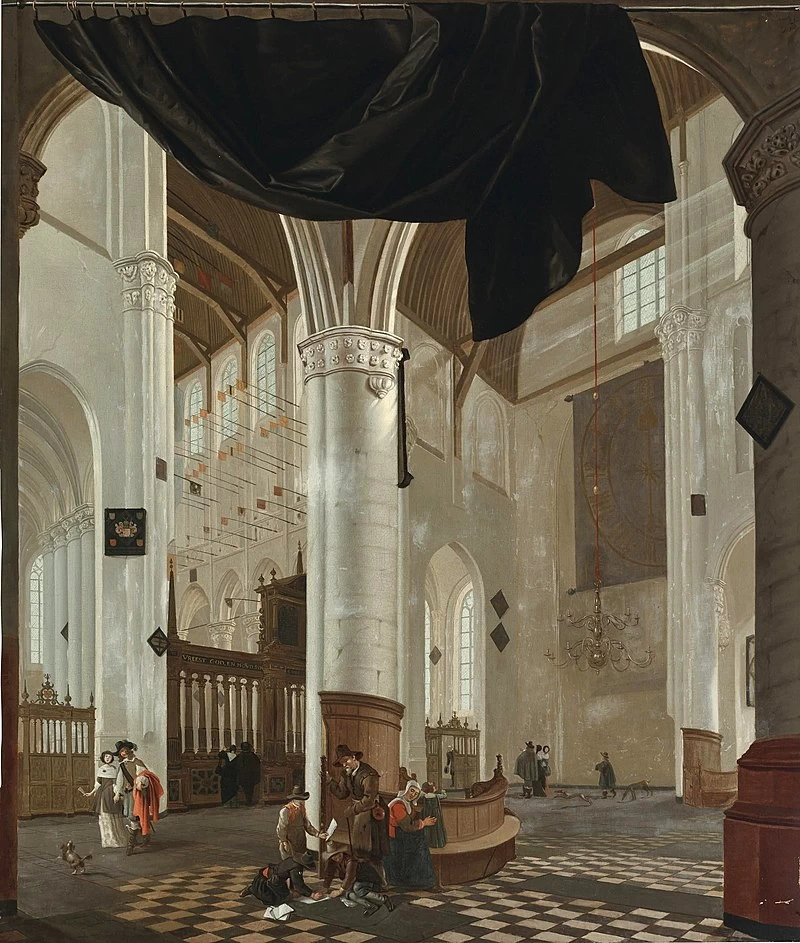 Interno della Nieuwe Kerk, Delft, con tenda trompe l'oeil